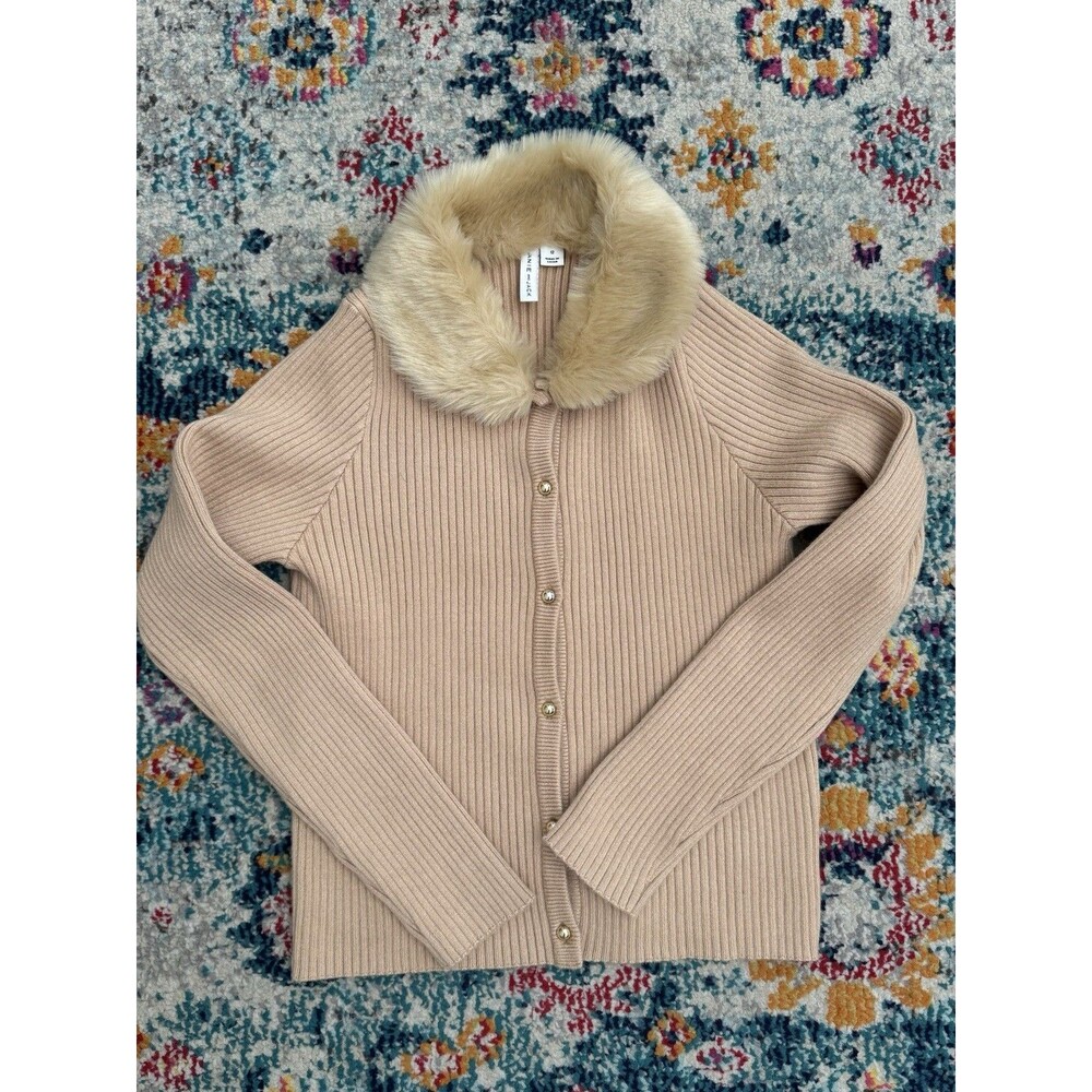 Janie & Jack Faux Fur Collar Ribbed Cardigan Girls Size 12